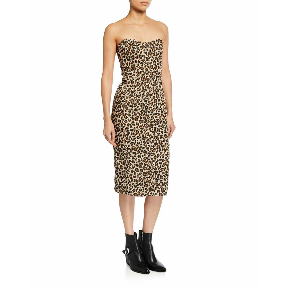 Veronica Beard Liza Midi Dress Tan Leopard Print Strapless Denim SZ 6